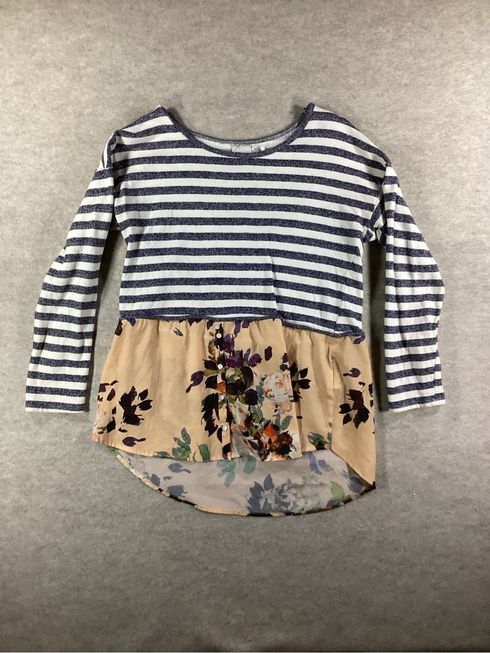 9-H15 Anthropologie Navy Stripe & Beige Floral Long Sleeve Top